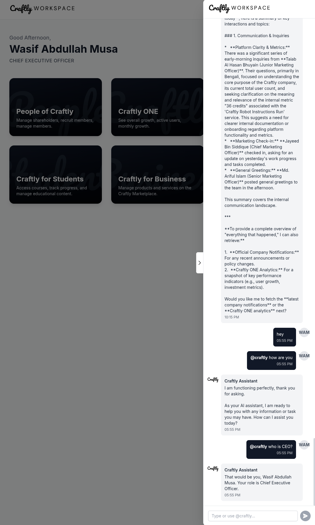 Craftly Workspace Dashboard